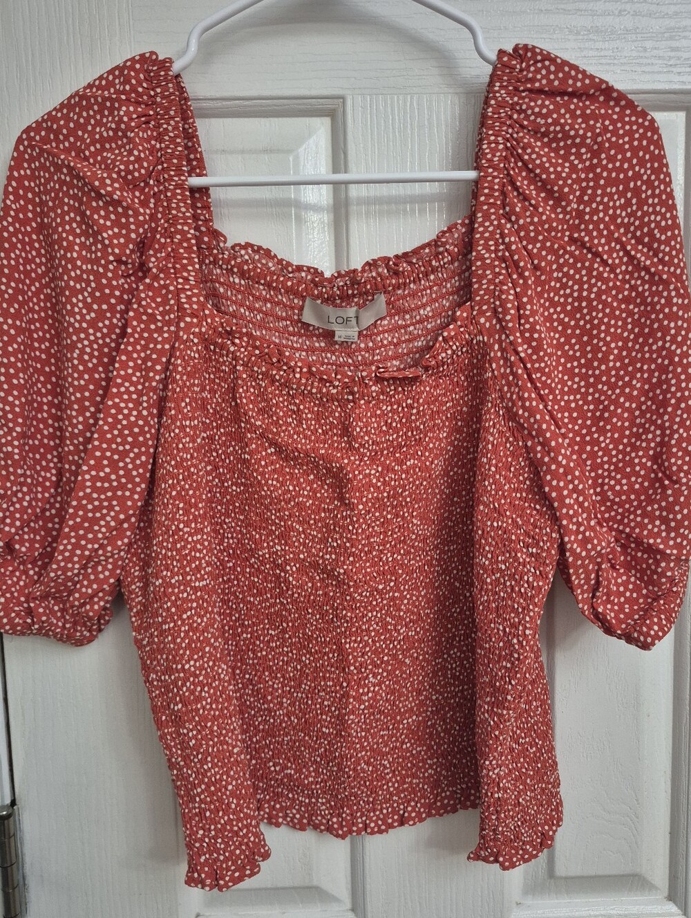 LOFT Orange Red Polka Dot Smocked Square Neck Puff Sleeve Top Size M